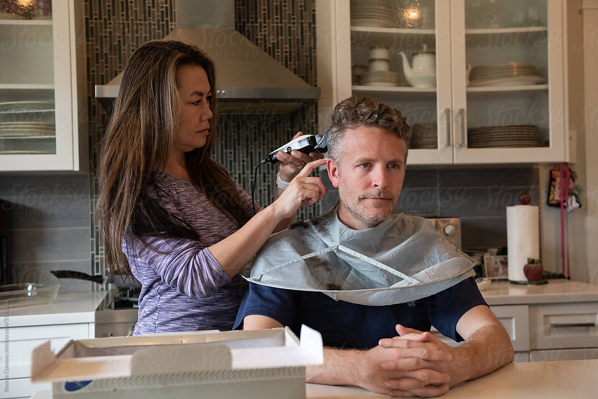 Home Haircut, Wife Cutting Husband's Hair