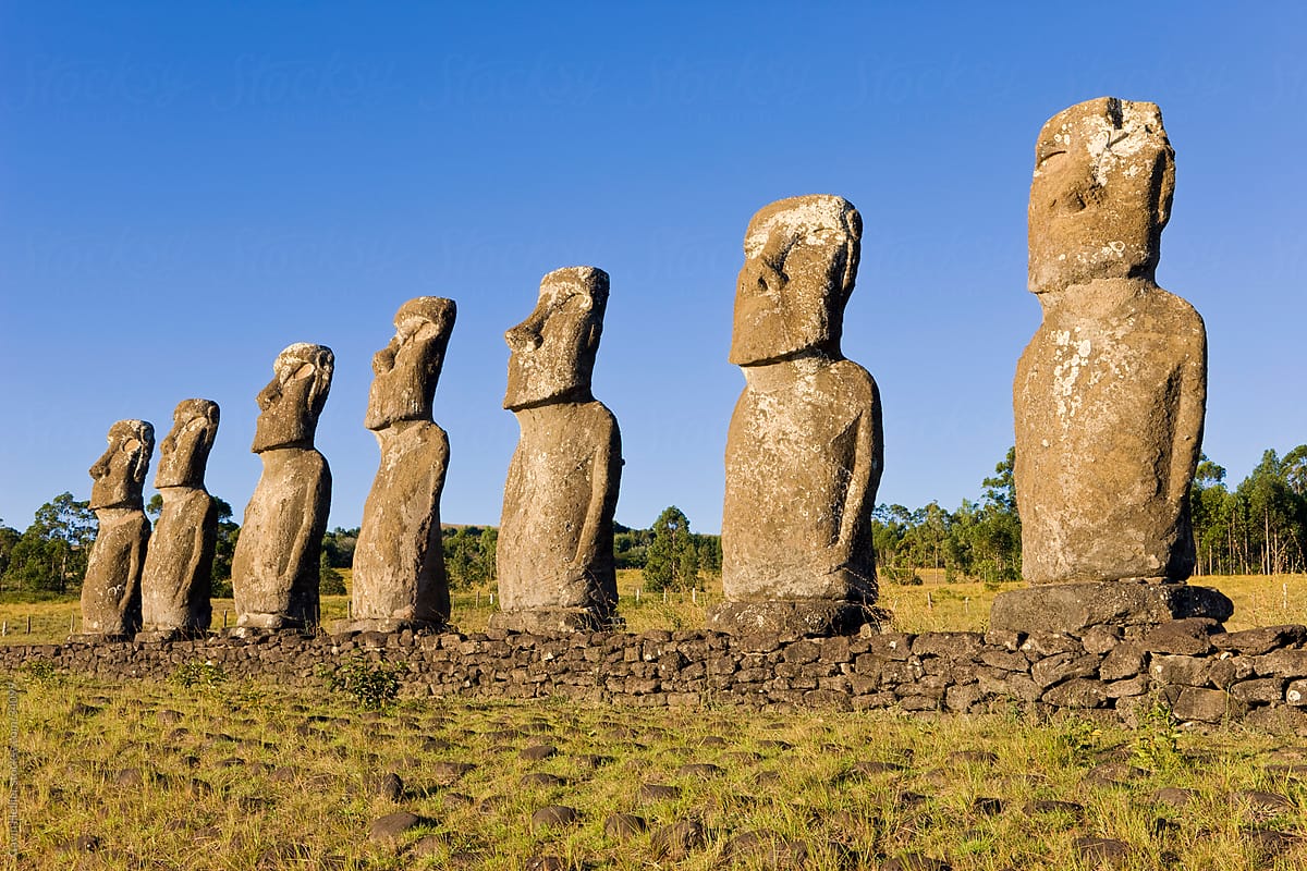 South America, Chile, Rapa Nui, Isla de Pascua (Easter Island), row of monolithic stone Moai statues known as Ahu Akivi