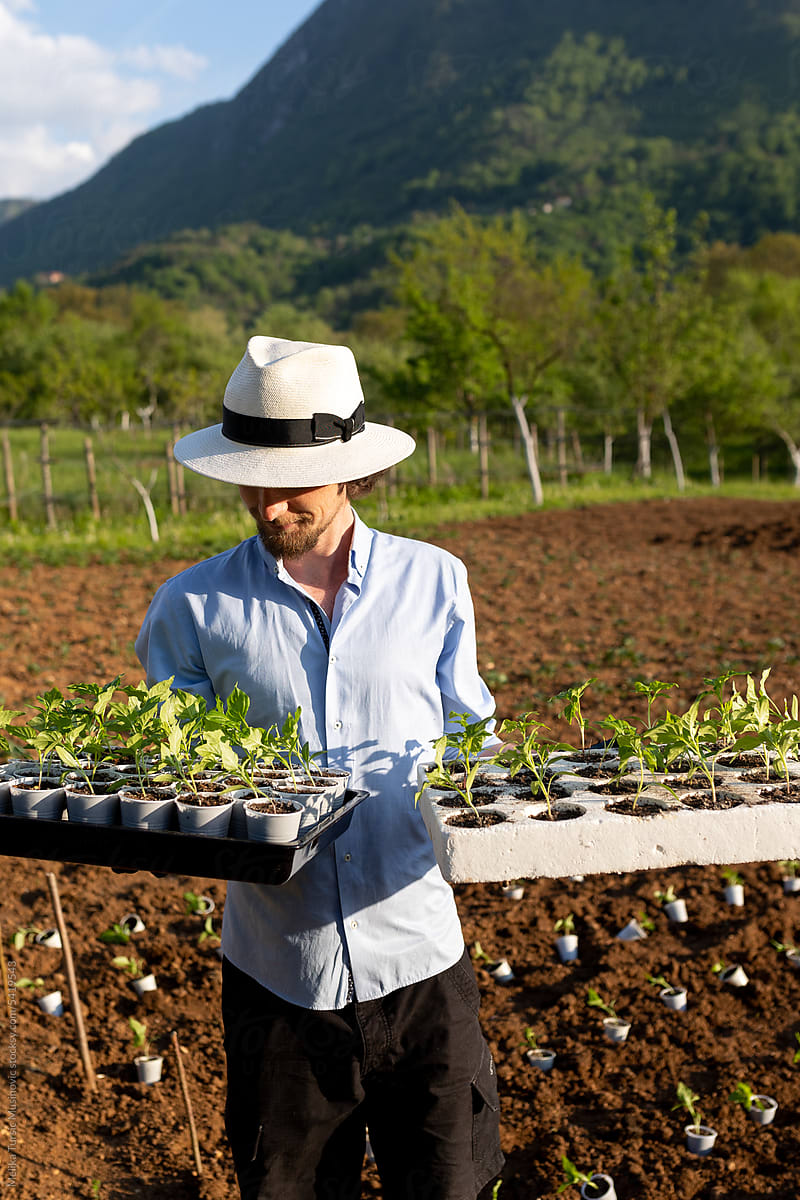 man holding two trays with seedlings