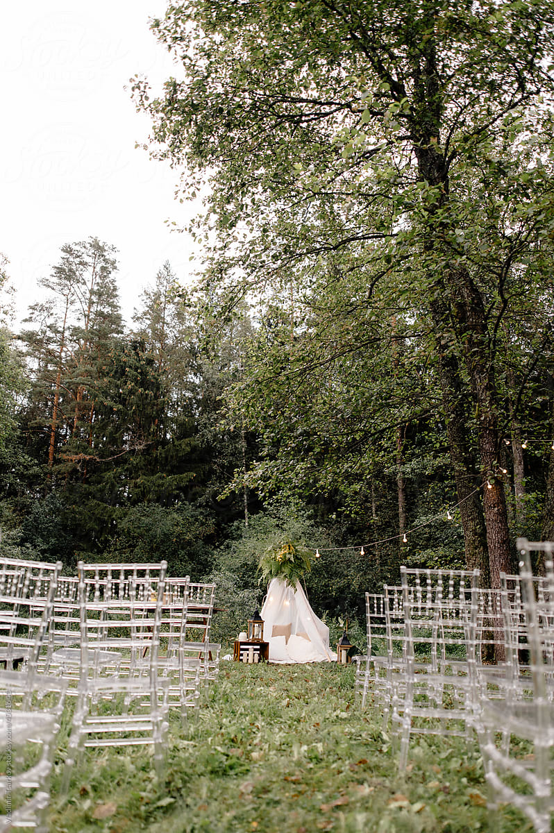 place for outdoor wedding ceremony in rustic style