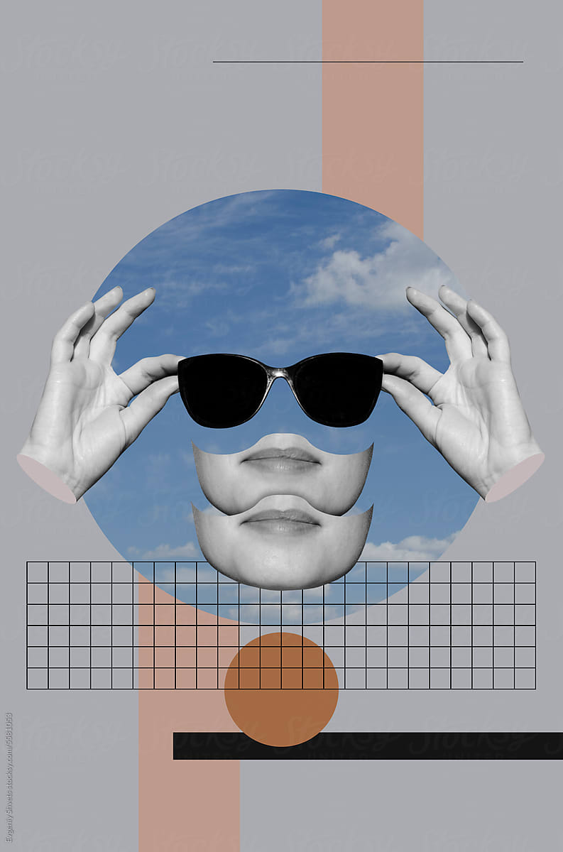 Collage With Hands Holding Sunglasses And Part Of Female Head by Stocksy  Contributor Evgeniy Shvets - Stocksy
