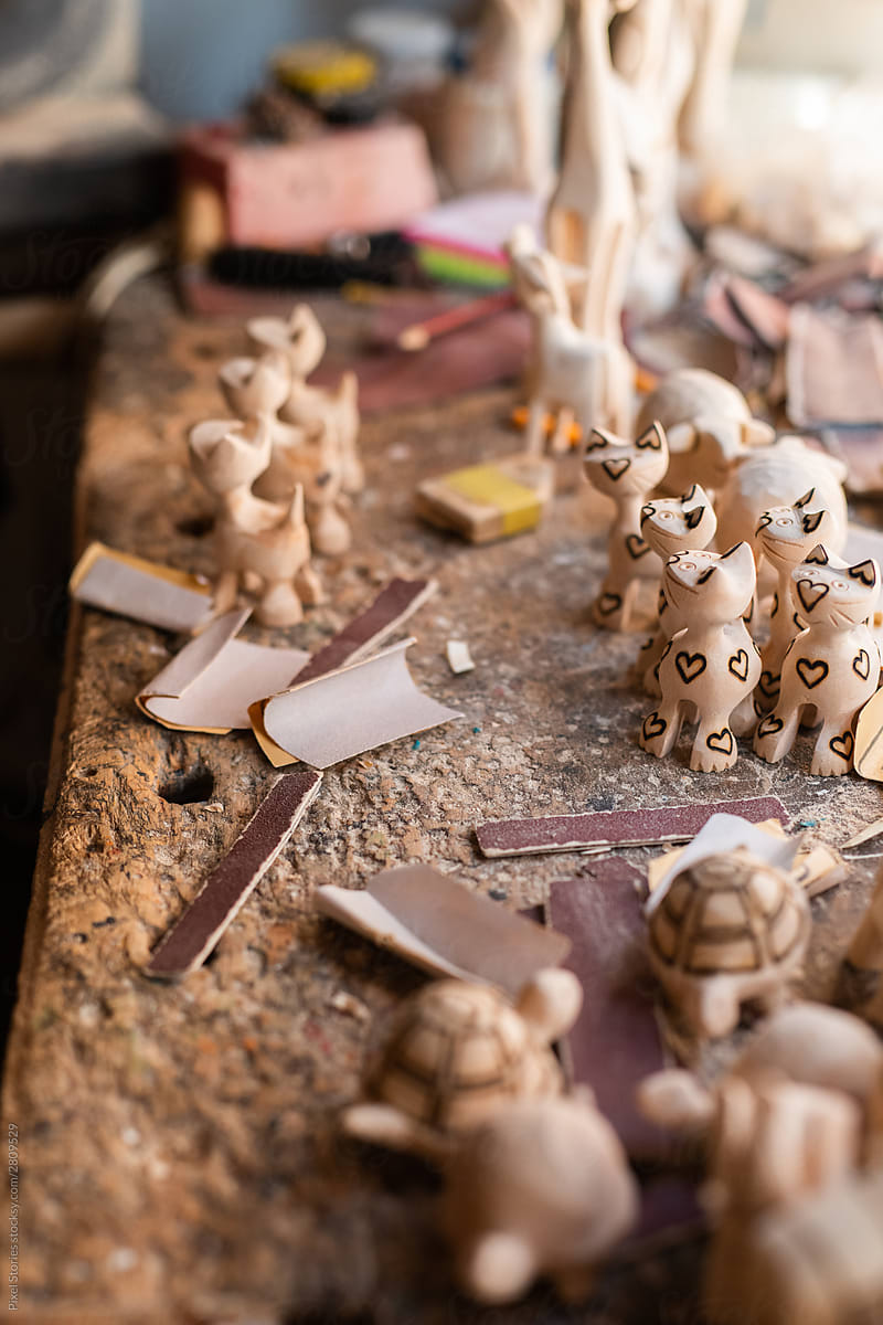 Handmade wooden souvenirs in traditional workshop