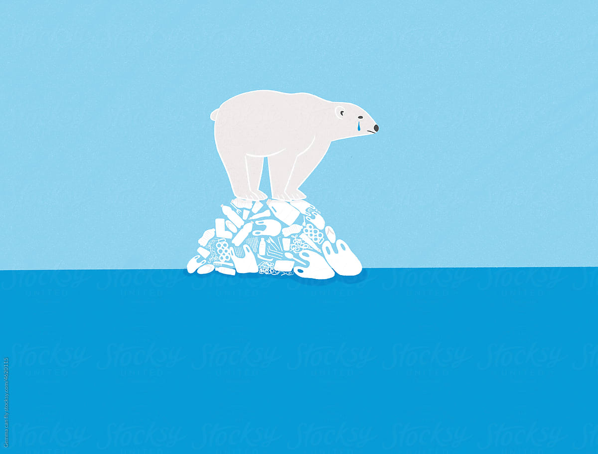 Polar bear crying on plastic iceberg.