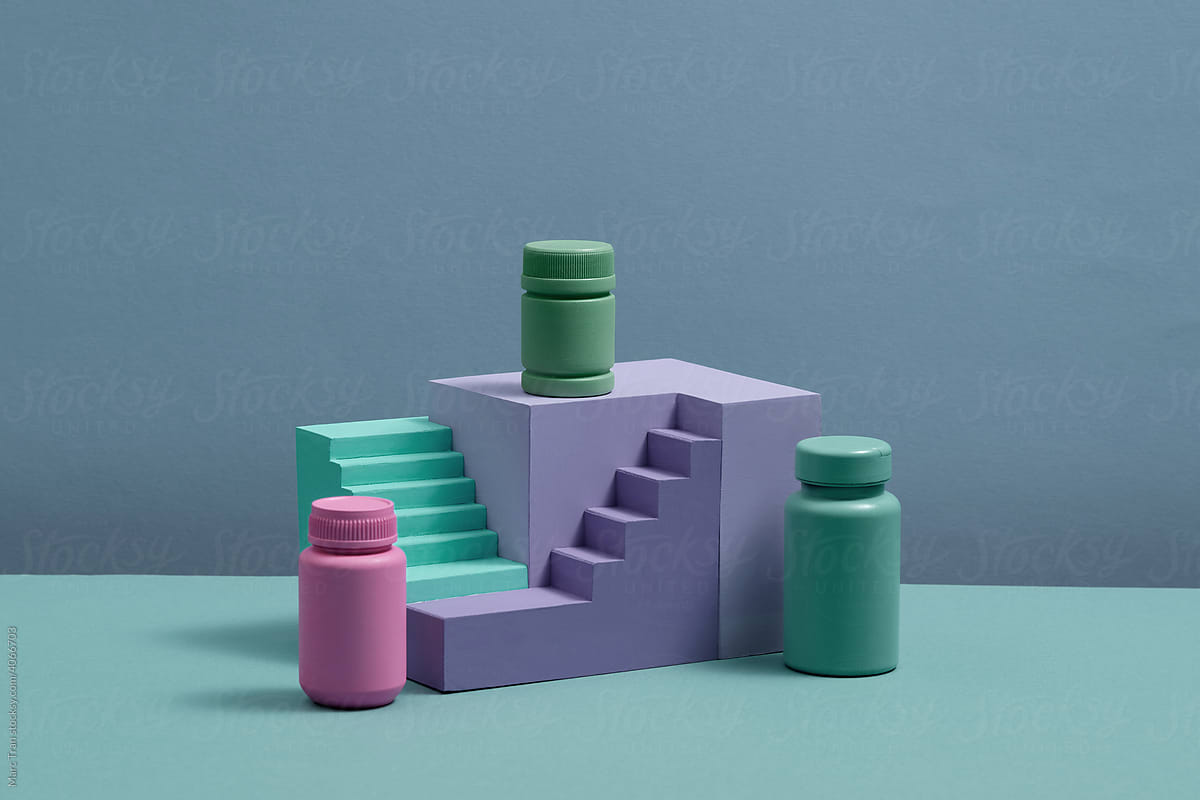 Creative medical layout made of frame, stair and pills.